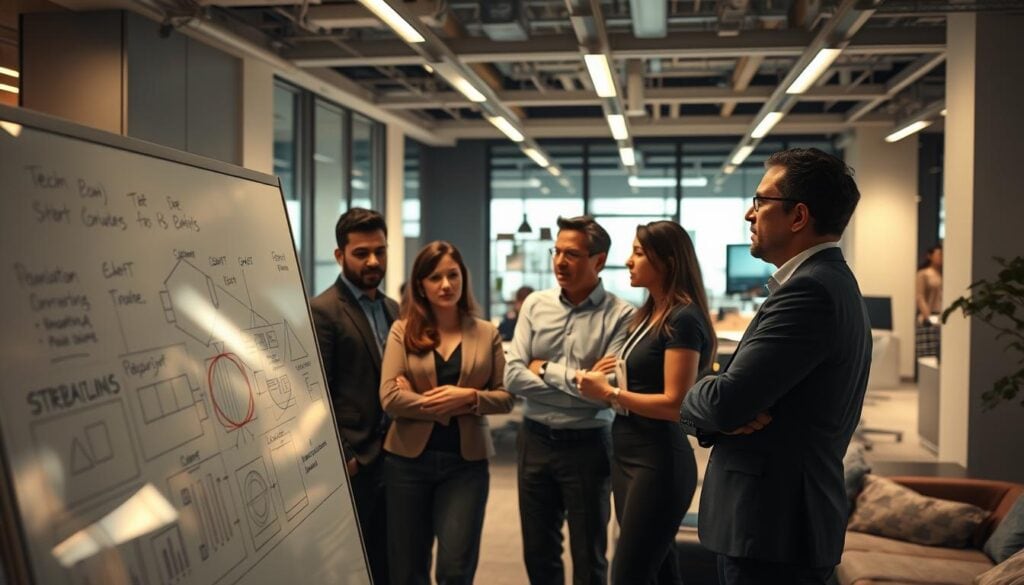 Photorealistic modern office setting, with a group of professionals collaborating on strategies to find a technical co-founder for their startup. Cinematic lighting illuminates the scene, creating a focused and serious atmosphere. The foreground features a whiteboard covered in diagrams and notes, while the middle ground showcases the team members engaged in animated discussion. The background subtly suggests the bustling energy of a thriving startup environment, with sleek furniture and technology-driven decor. An 8K resolution captures every detail, from the determined expressions on the faces to the carefully considered layout of the workspace. Photorealistic modern office setting, with a group of professionals collaborating on strategies to find a technical co-founder for their startup. Cinematic lighting illuminates the scene, creating a focused and serious atmosphere. The foreground features a whiteboard covered in diagrams and notes, while the middle ground showcases the team members engaged in animated discussion. The background subtly suggests the bustling energy of a thriving startup environment, with sleek furniture and technology-driven decor. An 8K resolution captures every detail, from the determined expressions on the faces to the carefully considered layout of the workspace.