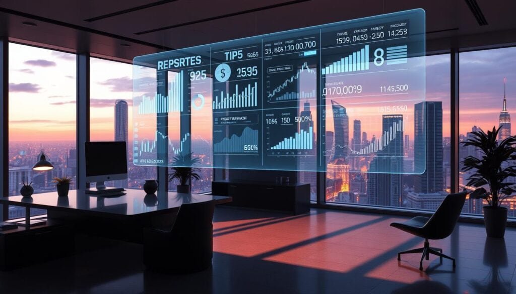Photorealistic modern office setting with a sleek, futuristic design. Soft cinematic lighting casts dramatic shadows across the space, creating a sense of depth and atmosphere. In the foreground, a large holographic display projects various financial graphs, charts, and statistics, showcasing the future trends of the FIRE (Financial Independence, Retire Early) movement. The background features floor-to-ceiling windows overlooking a vibrant cityscape, hinting at the evolving landscape of financial planning and personal wealth management in the year 2025. The overall scene conveys a sense of technological advancement, innovation, and the changing landscape of the FIRE movement. Photorealistic modern office setting with a sleek, futuristic design. Soft cinematic lighting casts dramatic shadows across the space, creating a sense of depth and atmosphere. In the foreground, a large holographic display projects various financial graphs, charts, and statistics, showcasing the future trends of the FIRE (Financial Independence, Retire Early) movement. The background features floor-to-ceiling windows overlooking a vibrant cityscape, hinting at the evolving landscape of financial planning and personal wealth management in the year 2025. The overall scene conveys a sense of technological advancement, innovation, and the changing landscape of the FIRE movement.