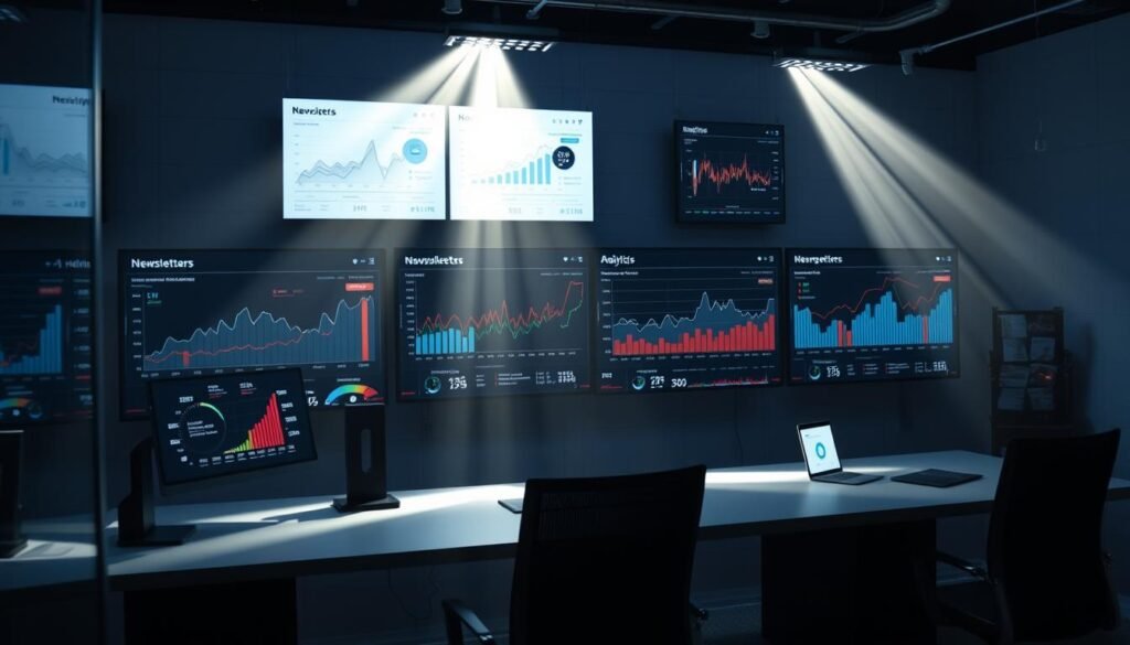 Photorealistic modern office space, cinematic lighting illuminating a sleek dashboard of newsletter analytics data visualized on multiple screens. Vivid infographics, line charts, and detailed metrics displayed across a minimalist workspace. Beams of light cutting through the darkness, highlighting the focused attention on key performance indicators. A cinematic, 8k scene conveying the power of data-driven decision making for a thriving newsletter business.