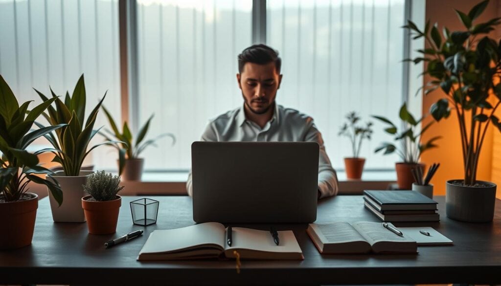 Photorealistic modern office space with a minimalist desk arrangement. An employee sitting at a laptop, surrounded by potted plants and a selection of analog notebooks and pens. Warm, cinematic lighting illuminates the scene, casting soft shadows and highlighting the tranquil, meditative atmosphere. The employee appears calm and focused, signifying a digital detox break from the demands of constant connectivity. The overall composition evokes a sense of balance and intentional simplicity, reflecting the preparation for a workplace digital detox. Photorealistic modern office space with a minimalist desk arrangement. An employee sitting at a laptop, surrounded by potted plants and a selection of analog notebooks and pens. Warm, cinematic lighting illuminates the scene, casting soft shadows and highlighting the tranquil, meditative atmosphere. The employee appears calm and focused, signifying a digital detox break from the demands of constant connectivity. The overall composition evokes a sense of balance and intentional simplicity, reflecting the preparation for a workplace digital detox.
