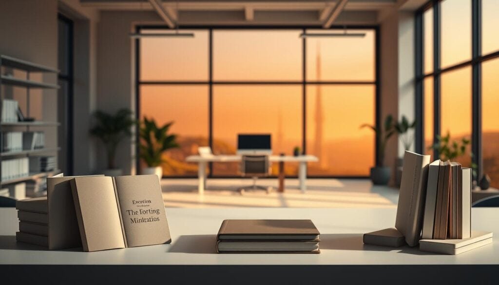 Bright contemporary office overlooking sunset skyline.