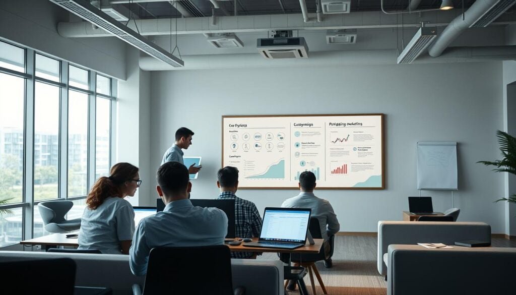 Photorealistic modern office space with cinematic lighting, showcasing the integration of inbound and targeted marketing strategies for the BrandMag business. In the foreground, a team of professionals collaborates on a digital marketing campaign, their faces illuminated by the glow of laptop screens. In the middle ground, a large whiteboard displays customer insights and campaign metrics. The background features sleek, minimalist furniture and floor-to-ceiling windows, allowing natural light to filter in and create a sense of openness and creativity. The overall scene conveys a dynamic, technology-driven work environment where data-driven decision-making and personalized outreach converge to drive business growth. 8k, no text.