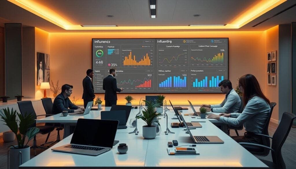 Photorealistic modern office with cinematic lighting, 8k resolution. Sleek, minimalist desk setup with laptops, smartphones, and various digital devices. Large wall display showcasing platform analytics and influencer campaign performance data. Businesspeople in formal attire gathered around, engaged in discussion. Warm, focused lighting illuminates the scene, creating a professional, productive atmosphere. Subtle details like potted plants, abstract artwork, and ergonomic chairs suggest an innovative, forward-thinking workspace. The overall composition conveys the careful selection and evaluation of platforms for an impactful influencer marketing campaign.