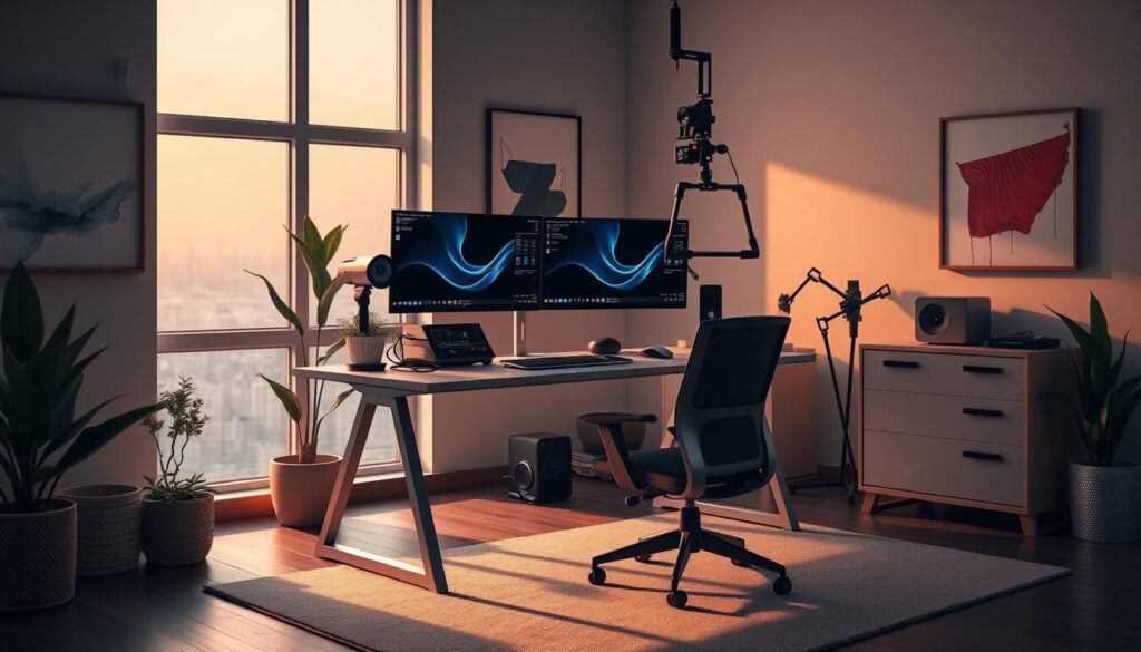 Photorealistic modern office workspace with a professional YouTube channel setup. Sleek desk with high-end gaming PC, dual monitors, and a professional-grade webcam and lighting rig. Minimalist decor with potted plants, abstract wall art, and a cozy area rug. Cinematic lighting from large windows casts a warm glow, creating an inviting atmosphere. Camera is angled to showcase the setup in an aesthetically pleasing, 8K resolution composition. Photorealistic modern office workspace with a professional YouTube channel setup. Sleek desk with high-end gaming PC, dual monitors, and a professional-grade webcam and lighting rig. Minimalist decor with potted plants, abstract wall art, and a cozy area rug. Cinematic lighting from large windows casts a warm glow, creating an inviting atmosphere. Camera is angled to showcase the setup in an aesthetically pleasing, 8K resolution composition.