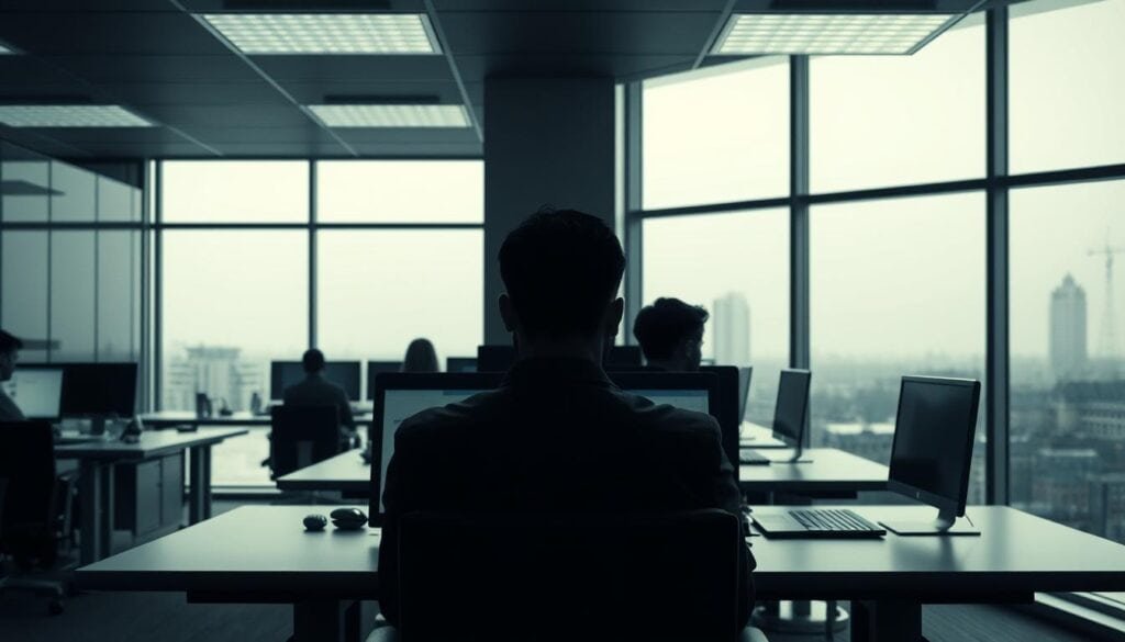 Photorealistic office interior, isolated team members seated at desks, faces obscured by digital screens, stark overhead lighting casting long shadows, a sense of disconnection and solitude permeating the scene. Muted color palette, sleek modern furnishings, large windows offering a view of a bleak urban landscape beyond. Cinematic framing, emphasizing the feeling of detachment and communication challenges faced by distributed teams working remotely. 8k detail, hyper-realistic textures and lighting.