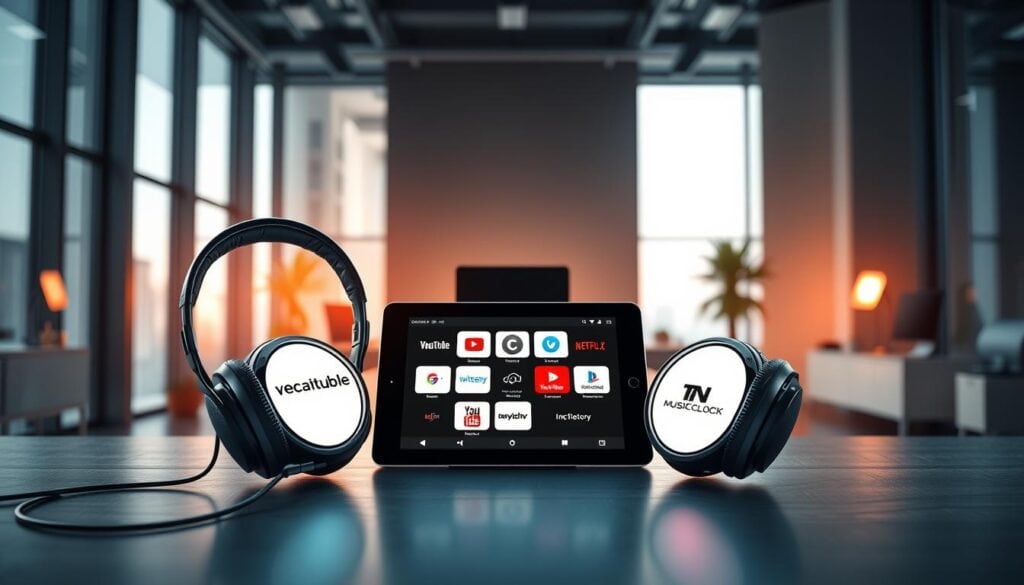Photorealistic office scene showcasing a side-by-side comparison of popular royalty-free music platforms. The foreground features three high-quality headphones and a tablet displaying various platform logos. The middle ground shows a modern, well-lit workspace with a desk, computer, and other office equipment. The background depicts a sleek, minimalist interior with large windows bathed in cinematic lighting, creating a professional, corporate atmosphere. The overall composition conveys a sense of thoughtful analysis and evaluation of different royalty-free music options suitable for YouTube content creation. Photorealistic office scene showcasing a side-by-side comparison of popular royalty-free music platforms. The foreground features three high-quality headphones and a tablet displaying various platform logos. The middle ground shows a modern, well-lit workspace with a desk, computer, and other office equipment. The background depicts a sleek, minimalist interior with large windows bathed in cinematic lighting, creating a professional, corporate atmosphere. The overall composition conveys a sense of thoughtful analysis and evaluation of different royalty-free music options suitable for YouTube content creation.