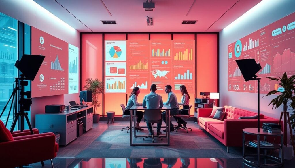 Photorealistic office scene showcasing the advertising options and brand impact analysis for BrandMag. Sleek, modern furniture and equipment set against a large window with cinematic lighting. Infographics and data visualizations projected on the walls, reflecting the analytical nature of the topic. A team of professionals collaborating around a central table, deep in discussion. Vibrant colors, clean lines, and a sense of sophistication permeate the space. The overall atmosphere is one of strategic planning and innovation, capturing the essence of the "Advertising Opportunities and Brand Impact" section.