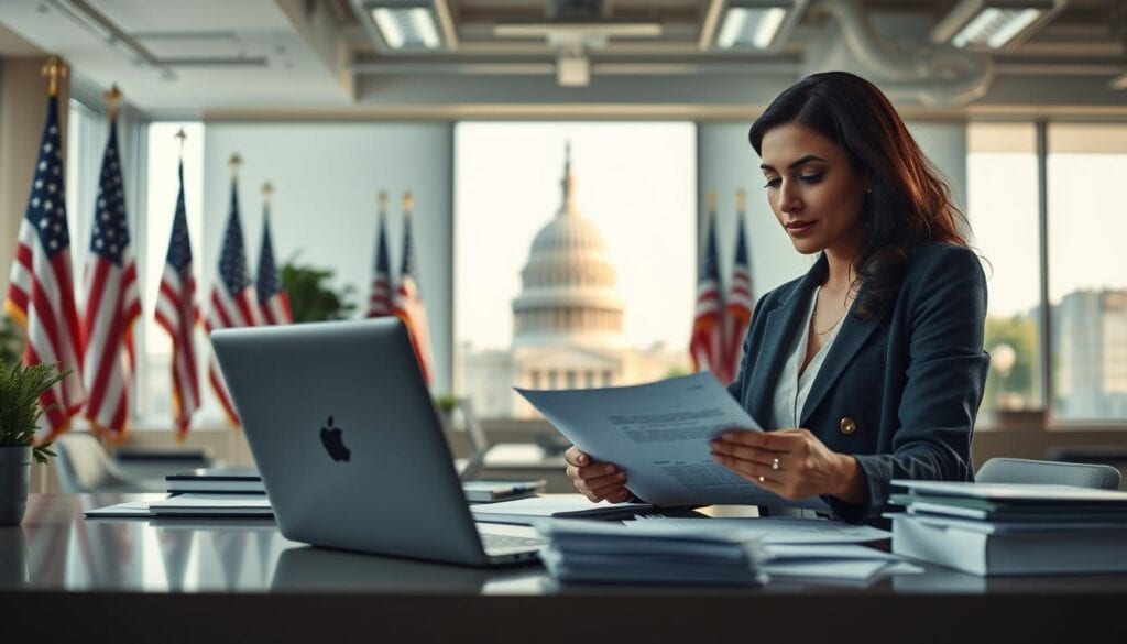 Photorealistic scene depicting the federal government's grant programs for female entrepreneurs. In the foreground, a well-lit, modern office space with a desk, laptop, and organized paperwork. In the middle ground, a woman in professional attire reviewing documents, her expression focused and determined. In the background, a backdrop of American flags and the Capitol building, symbolizing the federal government's support for women-owned businesses. Cinematic lighting enhances the scene, creating a sense of gravitas and importance. The image conveys the idea of accessible, empowering government resources for female entrepreneurs, captured in an 8K, photorealistic style. Photorealistic scene depicting the federal government's grant programs for female entrepreneurs. In the foreground, a well-lit, modern office space with a desk, laptop, and organized paperwork. In the middle ground, a woman in professional attire reviewing documents, her expression focused and determined. In the background, a backdrop of American flags and the Capitol building, symbolizing the federal government's support for women-owned businesses. Cinematic lighting enhances the scene, creating a sense of gravitas and importance. The image conveys the idea of accessible, empowering government resources for female entrepreneurs, captured in an 8K, photorealistic style.