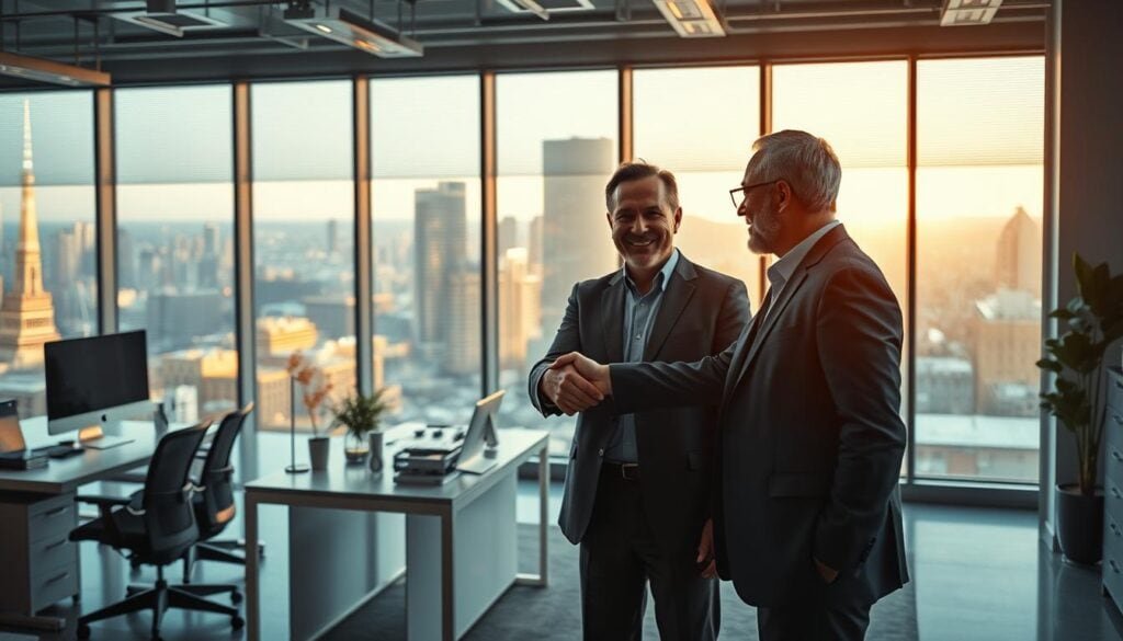 Photorealistic scene of a modern business office with cinematic lighting. In the foreground, two professionals, a startup founder and an influential industry figure, shake hands warmly, establishing trust and authenticity. The middle ground features a clean, minimalist workspace with sleek desks, computers, and decor. The background showcases large windows overlooking a vibrant cityscape, bathed in a soft, golden glow. The overall atmosphere is one of professionalism, collaboration, and the building of meaningful connections. Captured in stunning 8k resolution.