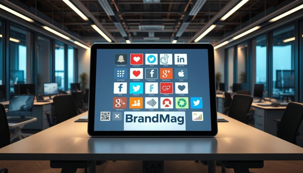 Photorealistic scene of a modern digital marketing office with cinematic lighting. In the center, a BrandMag-branded tablet displays social media platforms seamlessly integrated, showcasing the power of cross-channel digital marketing. Desks and devices surround the tablet, creating a dynamic workspace focused on optimizing online engagement. The scene is captured in a high-resolution 8k format, emphasizing the precision and attention to detail in this professional digital marketing environment.