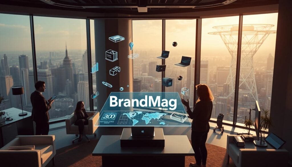 Photorealistic scene of a modern, high-tech metaverse marketing office. Large windows overlook a cityscape, with sleek, minimalist furniture and equipment. Cinematic lighting casts dramatic shadows, creating a moody, pensive atmosphere. In the foreground, a holographic display shows the BrandMag logo, surrounded by floating data visualizations, 3D product models, and virtual avatars. The middle ground features employees engrossed in discussions, gesturing towards the hologram. The background reveals a complex, interconnected virtual world, hinting at the scale and complexity of metaverse marketing challenges. Photorealistic scene of a modern, high-tech metaverse marketing office. Large windows overlook a cityscape, with sleek, minimalist furniture and equipment. Cinematic lighting casts dramatic shadows, creating a moody, pensive atmosphere. In the foreground, a holographic display shows the BrandMag logo, surrounded by floating data visualizations, 3D product models, and virtual avatars. The middle ground features employees engrossed in discussions, gesturing towards the hologram. The background reveals a complex, interconnected virtual world, hinting at the scale and complexity of metaverse marketing challenges.