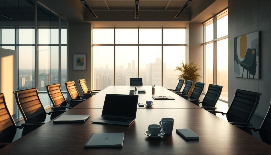 Photorealistic scene of a modern, minimalist office space with cinematic lighting. A large, wooden conference table sits in the foreground, surrounded by ergonomic chairs. Sleek, floor-to-ceiling windows in the background provide an abundance of natural light, casting a warm glow throughout the room. On the table, a laptop, several notebooks, and a mug of coffee suggest an active workspace. The walls are adorned with abstract art pieces, lending an air of sophistication. The overall atmosphere conveys a sense of focus, productivity, and strategic thinking - the essence of a compelling content strategy. 8k resolution.