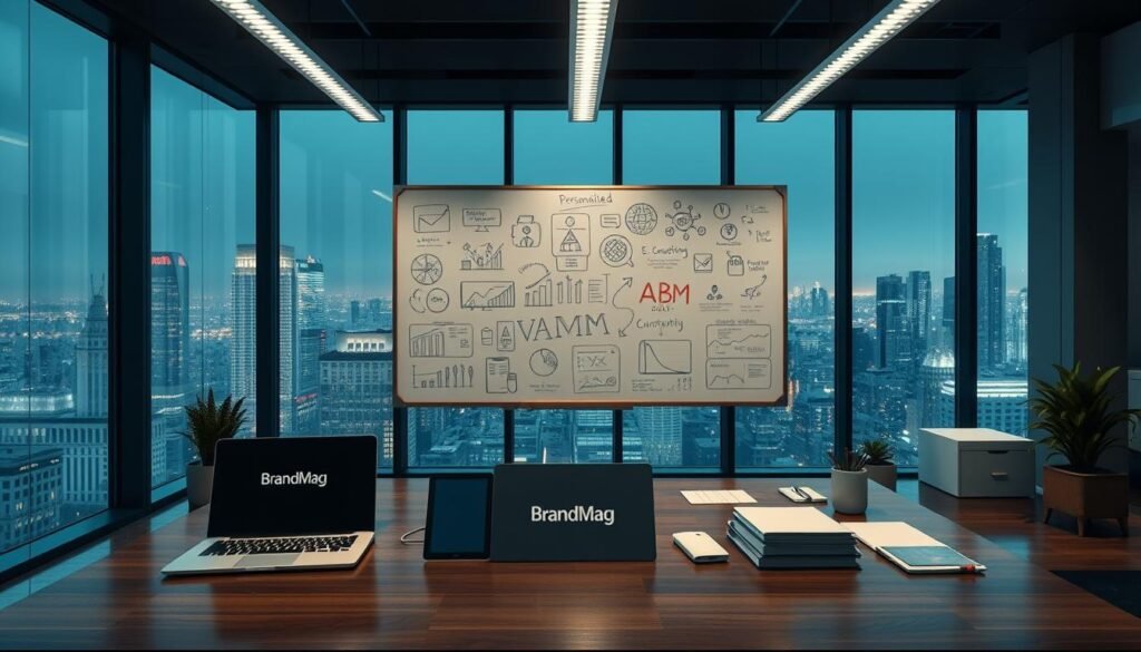 Photorealistic scene of a modern office interior with cinematic lighting. In the foreground, a large desk with a laptop, tablet, and various office supplies. On the desk, a prominent "BrandMag" logo is displayed. In the middle ground, a whiteboard with intricate diagrams, charts, and handwritten notes, depicting personalized ABM tactics and strategies. The background showcases floor-to-ceiling windows, providing a panoramic view of a bustling city skyline. The overall atmosphere is one of focused professionalism and innovation, capturing the essence of "Proven Account Based Marketing Tactics for Targeting High-Value Accounts". 8k resolution.