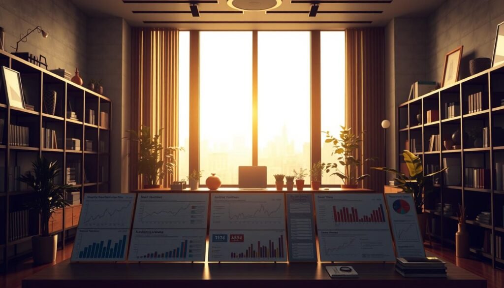 Modern office with financial charts.