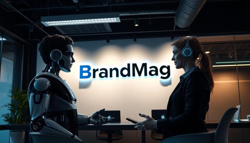 Photorealistic scene of a modern office space, with a chatbot and live chat customer service representatives engaged in conversation. Cinematic lighting illuminates the BrandMag logo prominently displayed on the wall, creating a professional and dynamic atmosphere. The chatbot, depicted as a futuristic digital avatar, interacts seamlessly with the live chat agent, showcasing the integration of AI-powered customer service. The scene captures the essence of enhancing customer experience through the blend of advanced technology and human interaction. Photorealistic scene of a modern office space, with a chatbot and live chat customer service representatives engaged in conversation. Cinematic lighting illuminates the BrandMag logo prominently displayed on the wall, creating a professional and dynamic atmosphere. The chatbot, depicted as a futuristic digital avatar, interacts seamlessly with the live chat agent, showcasing the integration of AI-powered customer service. The scene captures the essence of enhancing customer experience through the blend of advanced technology and human interaction.