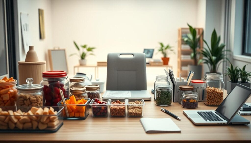 Photorealistic scene of a modern office space, with a neatly organized desk showcasing an array of healthy snack options. The lighting is cinematic, creating a warm and inviting atmosphere. In the foreground, various containers, jars, and storage solutions are displayed, highlighting the importance of proper snack preparation and storage for the office environment. The middle ground features a laptop, a planner, and other essential office supplies, creating a sense of productivity and efficiency. The background subtly suggests a clean, minimalist office design with neutral tones and natural elements, such as potted plants, adding to the overall aesthetic. The entire scene is captured in an 8K resolution, emphasizing the attention to detail and high-quality presentation. Photorealistic scene of a modern office space, with a neatly organized desk showcasing an array of healthy snack options. The lighting is cinematic, creating a warm and inviting atmosphere. In the foreground, various containers, jars, and storage solutions are displayed, highlighting the importance of proper snack preparation and storage for the office environment. The middle ground features a laptop, a planner, and other essential office supplies, creating a sense of productivity and efficiency. The background subtly suggests a clean, minimalist office design with neutral tones and natural elements, such as potted plants, adding to the overall aesthetic. The entire scene is captured in an 8K resolution, emphasizing the attention to detail and high-quality presentation.