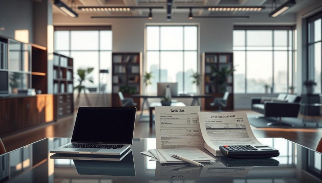 Photorealistic scene of a modern office with clean, minimalist design. The foreground features a glass-topped desk with a laptop, calculator, and a stack of financial documents. The middle ground showcases a Roth IRA and a 401(k) investment statement prominently displayed. The background is filled with bookshelves, sleek office furniture, and large windows allowing natural light to flood the space. The lighting is cinematic, creating dramatic shadows and highlights, emphasizing the importance of the financial documents. The overall atmosphere conveys a sense of professionalism, organization, and a focus on tax-efficient investment tactics. Photorealistic scene of a modern office with clean, minimalist design. The foreground features a glass-topped desk with a laptop, calculator, and a stack of financial documents. The middle ground showcases a Roth IRA and a 401(k) investment statement prominently displayed. The background is filled with bookshelves, sleek office furniture, and large windows allowing natural light to flood the space. The lighting is cinematic, creating dramatic shadows and highlights, emphasizing the importance of the financial documents. The overall atmosphere conveys a sense of professionalism, organization, and a focus on tax-efficient investment tactics.