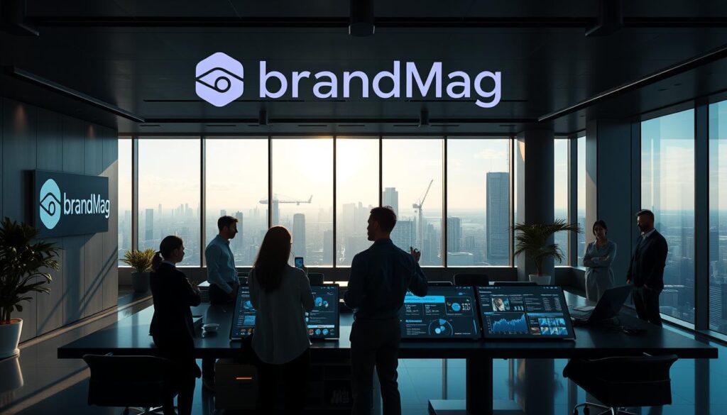 Photorealistic scene of a modern, sleek business office with the BrandMag logo prominently displayed on the wall. Cinematic lighting casts dramatic shadows, creating a sense of depth and focus. In the foreground, a team of professionals collaborates on a virtual reality interface, seamlessly blending the physical and digital realms. The middle ground showcases a large, interactive display showcasing metaverse-related analytics and strategies. The background features panoramic windows, offering a cityscape view that symbolizes the integration of traditional and emerging marketing channels. The overall atmosphere conveys a sense of innovation, collaboration, and the synergy between the physical and virtual worlds. Photorealistic scene of a modern, sleek business office with the BrandMag logo prominently displayed on the wall. Cinematic lighting casts dramatic shadows, creating a sense of depth and focus. In the foreground, a team of professionals collaborates on a virtual reality interface, seamlessly blending the physical and digital realms. The middle ground showcases a large, interactive display showcasing metaverse-related analytics and strategies. The background features panoramic windows, offering a cityscape view that symbolizes the integration of traditional and emerging marketing channels. The overall atmosphere conveys a sense of innovation, collaboration, and the synergy between the physical and virtual worlds.