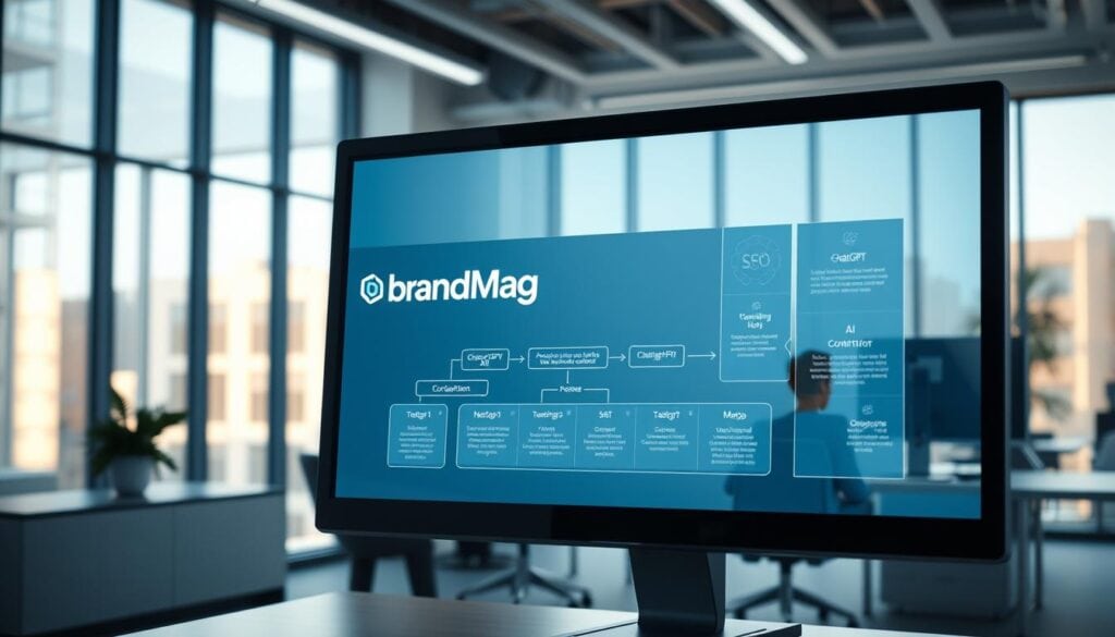 Photorealistic scene of a modern, well-lit office space. In the foreground, a computer monitor displays the BrandMag logo and an intricate workflow diagram depicting the use of ChatGPT for SEO content creation. The middle ground features a professional, focused individual at a desk, collaborating with the AI system. The background showcases a sleek, minimalist decor with large windows allowing natural light to flood the room, creating a warm, productive atmosphere. Cinematic lighting and an 8K resolution provide a high-quality, polished appearance. Photorealistic scene of a modern, well-lit office space. In the foreground, a computer monitor displays the BrandMag logo and an intricate workflow diagram depicting the use of ChatGPT for SEO content creation. The middle ground features a professional, focused individual at a desk, collaborating with the AI system. The background showcases a sleek, minimalist decor with large windows allowing natural light to flood the room, creating a warm, productive atmosphere. Cinematic lighting and an 8K resolution provide a high-quality, polished appearance.
