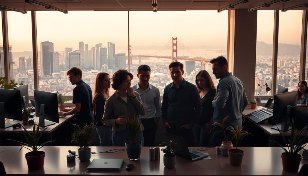 Photorealistic scene of a vibrant Silicon Valley startup office, bathed in warm, cinematic lighting. A sleek, modern workspace with minimalist desks, potted plants, and state-of-the-art tech equipment. In the foreground, a diverse team of young entrepreneurs collaborate intensely, their expressions focused and determined. The middle ground reveals a panoramic view of the bustling cityscape outside, with towering skyscrapers and the iconic Golden Gate Bridge in the distance. The background is dominated by a stunning, cloudless sky, creating a sense of limitless potential. This image conveys the energy, innovation, and success driving the next generation of Silicon Valley startups.