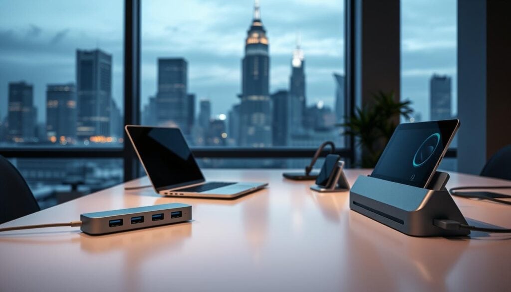 Photorealistic smart office USB hubs and docking stations in a modern, minimalist workspace. Sleek aluminum devices in the foreground, their LED indicators softly glowing. A clean, white desk with a laptop, smartphone, and tablet docked and charging. Ambient, cinematic lighting casts dramatic shadows, highlighting the devices' refined industrial design. In the background, a large window overlooks a bustling city skyline. An atmosphere of efficiency and productivity pervades the scene, exemplifying the cutting-edge technology seamlessly integrated into the smart office of the future. Photorealistic smart office USB hubs and docking stations in a modern, minimalist workspace. Sleek aluminum devices in the foreground, their LED indicators softly glowing. A clean, white desk with a laptop, smartphone, and tablet docked and charging. Ambient, cinematic lighting casts dramatic shadows, highlighting the devices' refined industrial design. In the background, a large window overlooks a bustling city skyline. An atmosphere of efficiency and productivity pervades the scene, exemplifying the cutting-edge technology seamlessly integrated into the smart office of the future.