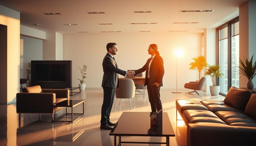 Photorealistic smooth business transition: A modern, minimalist office space bathed in warm, cinematic lighting. Two professionals shake hands amidst sleek furniture and clean lines, symbolizing a successful merger or acquisition. The scene exudes an atmosphere of confidence, professionalism, and progress, captured in vivid detail at 8K resolution. Subtle reflections and depth of field create a sense of depth and drama, while the lack of overt branding or text allows the transition itself to take center stage.