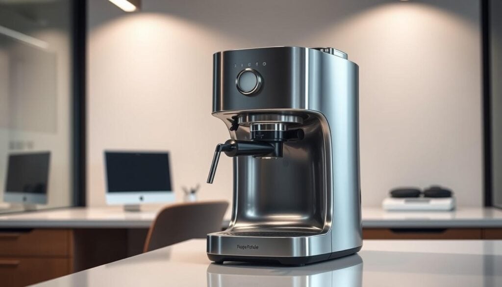 Photorealistic stainless steel coffee maker design with a sleek, minimalist aesthetic, set against a modern office backdrop with cinematic lighting. The appliance is the focal point, its polished surfaces reflecting the clean, professional atmosphere. Elegant curves and clean lines create a visually striking silhouette, exuding a sense of quality craftsmanship and durability. The lighting casts dramatic shadows, highlighting the machine's sturdy construction and attention to detail. The overall scene conveys a high-end, sophisticated vibe, perfectly suited for a premium home office setup.