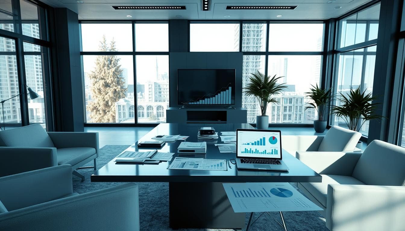 Modern office with city view.