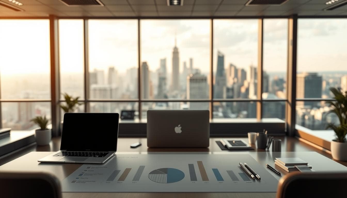 Modern office with city skyline view