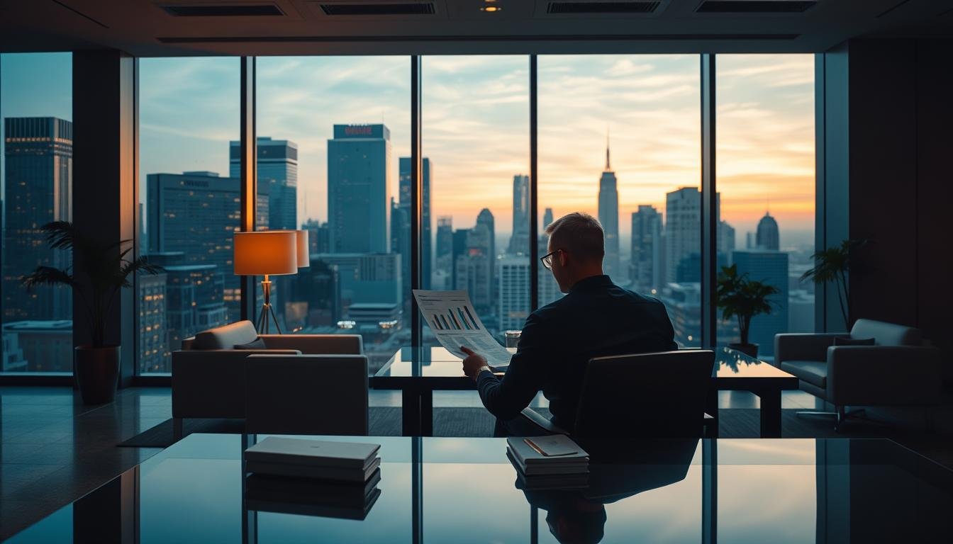 Person reading in modern office.