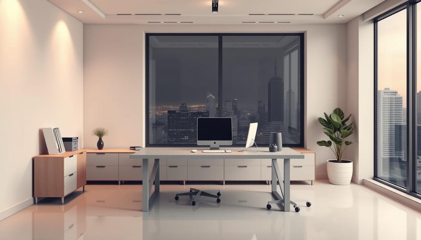 Minimalist workspace with large windows.
