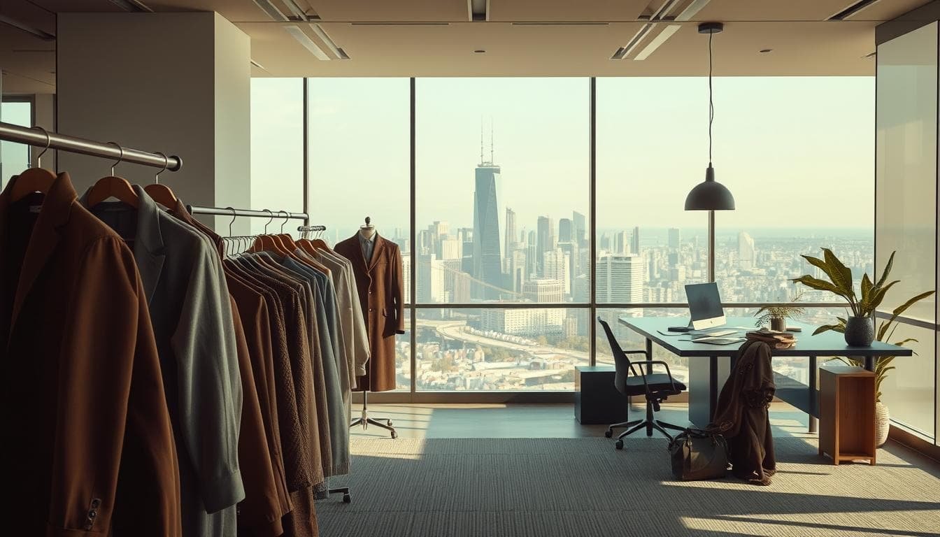 Business office with city skyline in background.