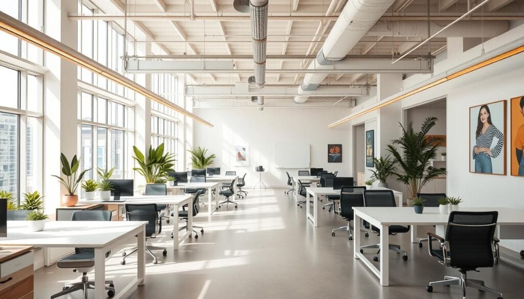 A bright, airy startup incubator workspace, flooded with natural light from floor-to-ceiling windows. Sleek, minimalist desks and ergonomic chairs in a clean, contemporary style. Potted plants and modern artwork adorn the walls, creating a stimulating, creative atmosphere. A mix of individual focused work areas and collaborative spaces with whiteboards and standing tables. Overhead, industrial-style lighting fixtures cast a warm glow, while discreet cable management keeps the space uncluttered. The room's open layout and neutral color palette evoke a sense of professionalism and innovation, perfectly suited for nurturing the next generation of startups.