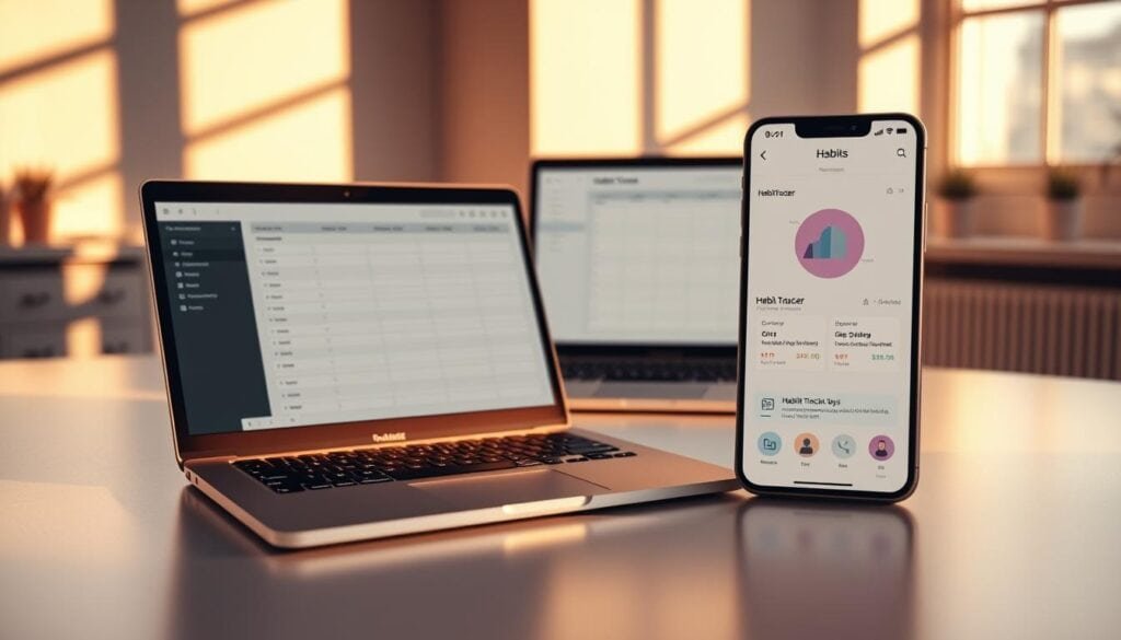 Mobile and Laptop with Productivity Apps.