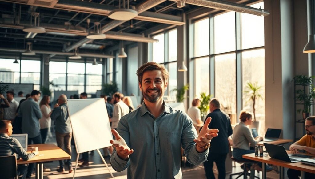 A bustling modern office filled with the energetic atmosphere of serial entrepreneurs. Sunlight streams through large windows, casting a warm, cinematic glow on sleek workspaces and collaborative huddle areas. Entrepreneurs huddle around whiteboards, laptops open, minds engaged in animated discussions. The air is alive with creative energy and a palpable sense of possibility. In the foreground, a successful serial entrepreneur gestures emphatically, conveying the thrill of building businesses. Subtle details reveal their previous triumphs - awards, press clippings, and mementos of past ventures. This is a space where big ideas become reality, where serial entrepreneurs bring their visions to life. A bustling modern office filled with the energetic atmosphere of serial entrepreneurs. Sunlight streams through large windows, casting a warm, cinematic glow on sleek workspaces and collaborative huddle areas. Entrepreneurs huddle around whiteboards, laptops open, minds engaged in animated discussions. The air is alive with creative energy and a palpable sense of possibility. In the foreground, a successful serial entrepreneur gestures emphatically, conveying the thrill of building businesses. Subtle details reveal their previous triumphs - awards, press clippings, and mementos of past ventures. This is a space where big ideas become reality, where serial entrepreneurs bring their visions to life.