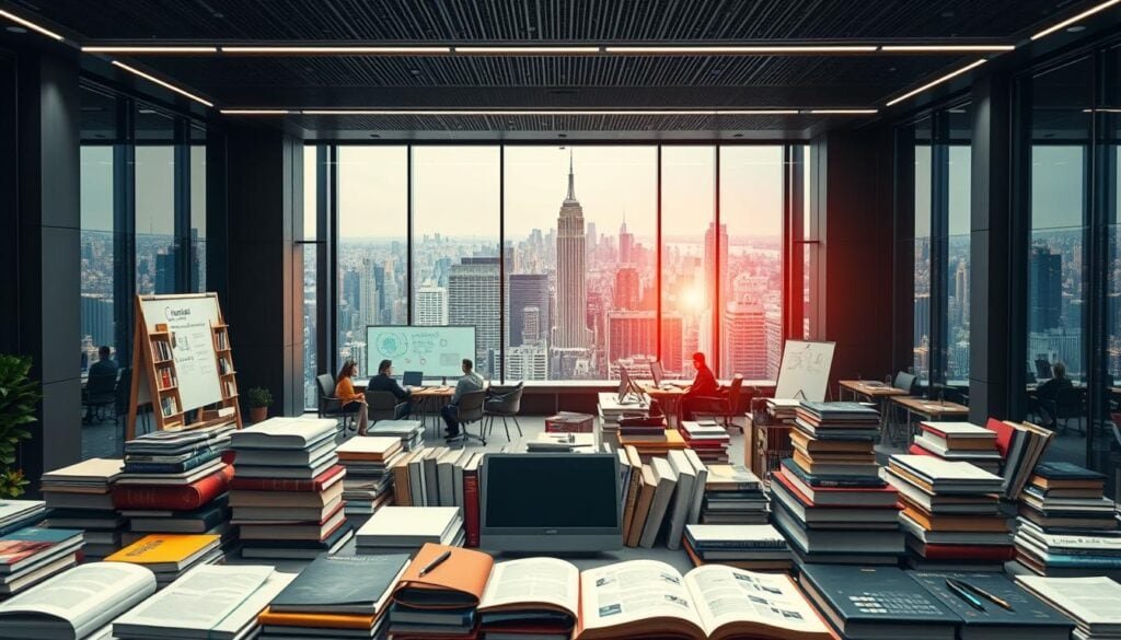 A bustling professional development ecosystem takes shape in a sleek, modern office setting. Soft, cinematic lighting casts a warm glow, highlighting an array of resources arranged in dynamic layers. In the foreground, a collection of diverse books, journals, and digital tablets beckon, representing the wealth of knowledge available. The middle ground features collaborative workspaces, brainstorming whiteboards, and interactive displays, fostering a vibrant atmosphere of learning and growth. In the background, a panoramic view of the cityscape sets the stage, evoking a sense of global connectivity and limitless possibilities for professional advancement. The overall scene emanates a polished, aspirational atmosphere, inviting the viewer to immerse themselves in this comprehensive professional development ecosystem.