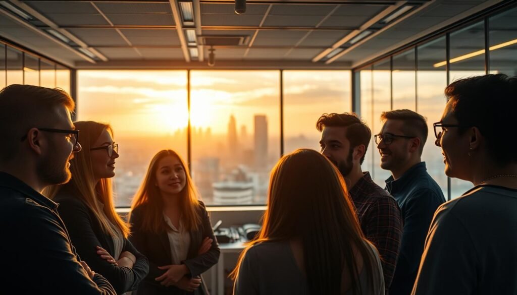 A bustling startup accelerator program, situated in a sleek, modern office space. The foreground features a group of young entrepreneurs engaged in a lively discussion, their faces illuminated by the warm glow of task lighting. In the middle ground, mentors and industry experts provide guidance, their expressions thoughtful and encouraging. The background showcases a panoramic view of the city skyline, bathed in the soft, golden light of the setting sun, conveying a sense of possibility and growth. The scene is captured with cinematic precision, using an 8K resolution to highlight the intricate details and vibrant colors of this dynamic startup ecosystem.