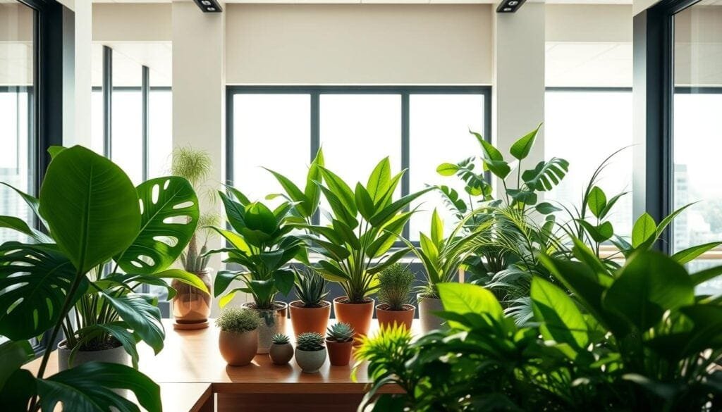 A curated selection of thriving indoor plants gracing a sleek, minimalist office space. Lush, verdant foliage in the foreground, backlit by cinematic lighting that casts dramatic shadows. Serene monstera deliciosa, graceful snake plants, and air-purifying philodendrons arranged artfully on a modern, wooden desk. The middle ground features a mix of potted succulents and ferns, their geometric shapes complementing the clean, contemporary design. In the background, floor-to-ceiling windows allow natural daylight to bathe the scene in a soft, diffused glow. This harmonious, plant-filled oasis exudes a sense of tranquility and well-being, the perfect sanctuary for a productive, eco-conscious workday. Photorealistic, 8K resolution. A curated selection of thriving indoor plants gracing a sleek, minimalist office space. Lush, verdant foliage in the foreground, backlit by cinematic lighting that casts dramatic shadows. Serene monstera deliciosa, graceful snake plants, and air-purifying philodendrons arranged artfully on a modern, wooden desk. The middle ground features a mix of potted succulents and ferns, their geometric shapes complementing the clean, contemporary design. In the background, floor-to-ceiling windows allow natural daylight to bathe the scene in a soft, diffused glow. This harmonious, plant-filled oasis exudes a sense of tranquility and well-being, the perfect sanctuary for a productive, eco-conscious workday. Photorealistic, 8K resolution.