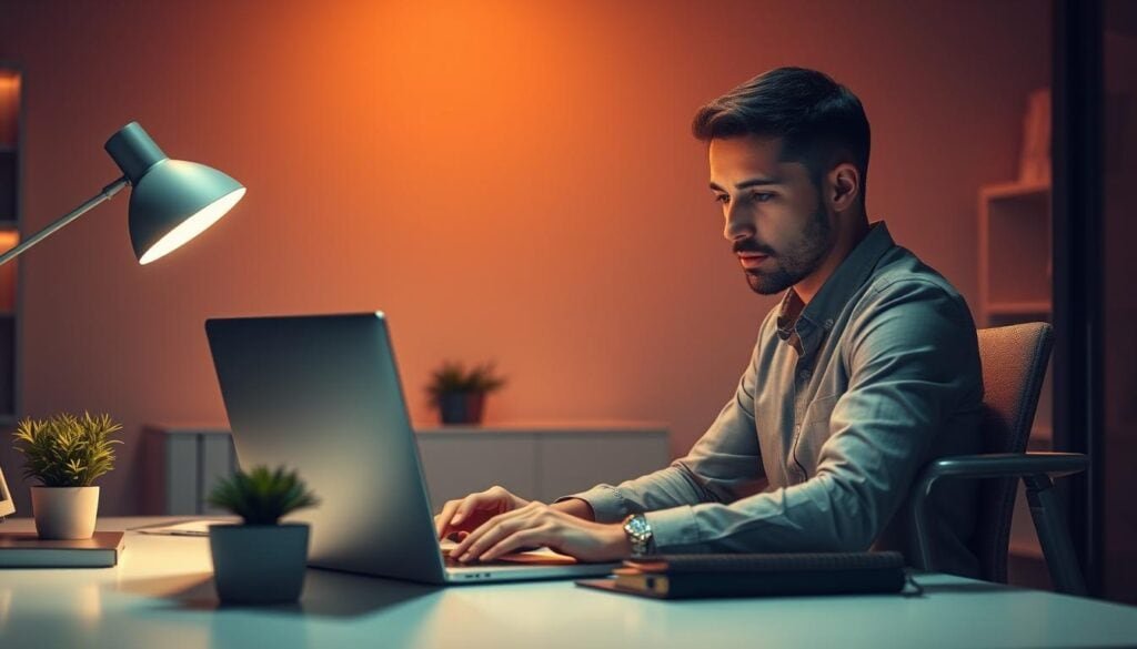 Young man working on laptop in dimly lit room.