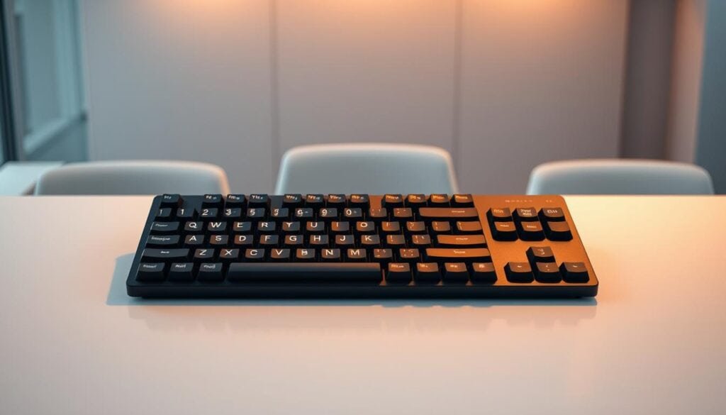 Compact black computer keyboard on white table.