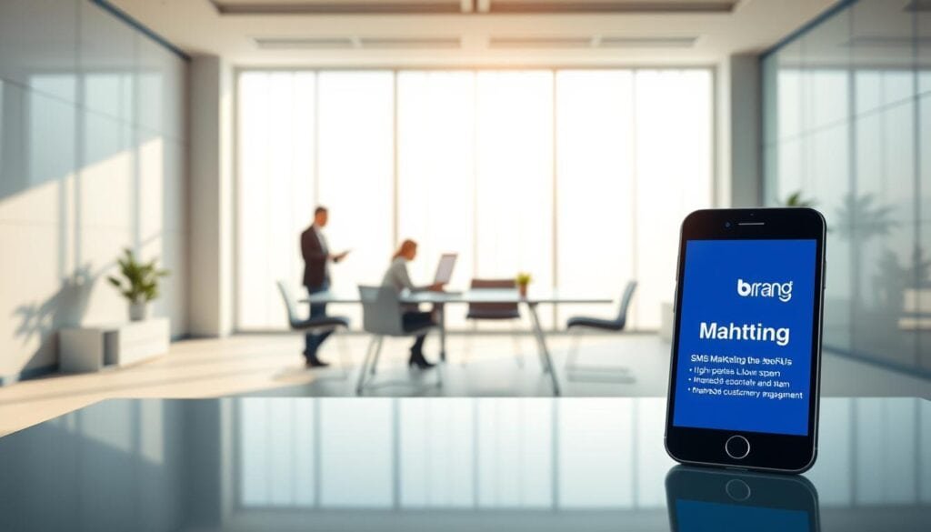 A minimalist modern office space with soft, diffused lighting cascading from large windows. In the foreground, a sleek smartphone displays the "BrandMag" logo, showcasing the benefits of SMS marketing - high open rates, low spam, and enhanced customer engagement. The middle ground features business professionals collaborating at a glass-topped conference table, illustrating the real-world application of SMS strategies. The background subtly hints at the broader technological and digital landscape. Overall, the scene conveys the power of SMS marketing to drive revenue and foster meaningful connections. Photorealistic, 8k resolution. A minimalist modern office space with soft, diffused lighting cascading from large windows. In the foreground, a sleek smartphone displays the "BrandMag" logo, showcasing the benefits of SMS marketing - high open rates, low spam, and enhanced customer engagement. The middle ground features business professionals collaborating at a glass-topped conference table, illustrating the real-world application of SMS strategies. The background subtly hints at the broader technological and digital landscape. Overall, the scene conveys the power of SMS marketing to drive revenue and foster meaningful connections. Photorealistic, 8k resolution.