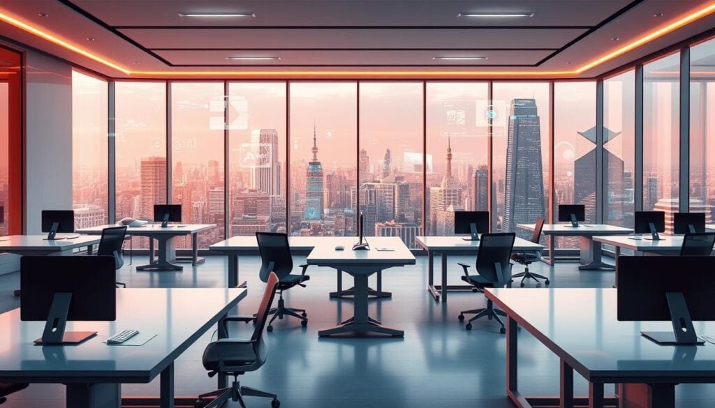 A modern, AI-powered co-intelligence workplace with sleek, minimalist desks and ergonomic chairs. The room is bathed in warm, cinematic lighting, creating a professional yet inviting atmosphere. Holographic displays and futuristic interfaces float seamlessly, with digital assistants and autonomous devices seamlessly integrated. In the background, large windows offer a panoramic view of a gleaming, high-tech cityscape. The overall impression is one of efficient collaboration, enhanced by cutting-edge technology that empowers the human workforce.