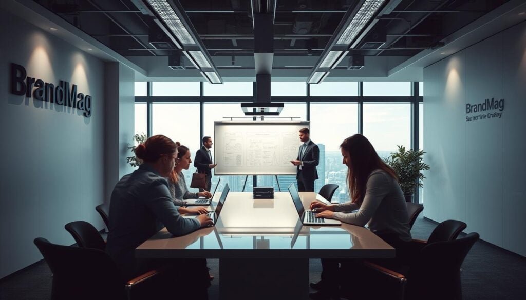 A modern and immersive office space, bathed in cinematic lighting. In the foreground, a team of professionals strategize around a sleek conference table, laptops and notepads in hand. The walls are adorned with the BrandMag logo, conveying a sense of professionalism and authority. In the middle ground, a large whiteboard displays carefully curated ideas, while the background showcases sweeping city views through floor-to-ceiling windows. This photorealistic scene captures the essence of effective influencer campaign strategies, exuding a mood of focused collaboration and sophisticated business acumen.