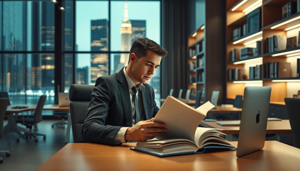 A modern and well-lit office space, with sleek desks, chairs, and bookshelves. A professional business person sits at a desk, intently focused on a book, their eyes rapidly scanning the pages. The room is bathed in a soft, cinematic lighting, creating a sense of focus and productivity. In the background, a large window offers a view of a vibrant city skyline, blending the indoor and outdoor environments. The overall scene conveys the seamless integration of speed reading techniques into the daily workflow, enhancing productivity and knowledge consumption.