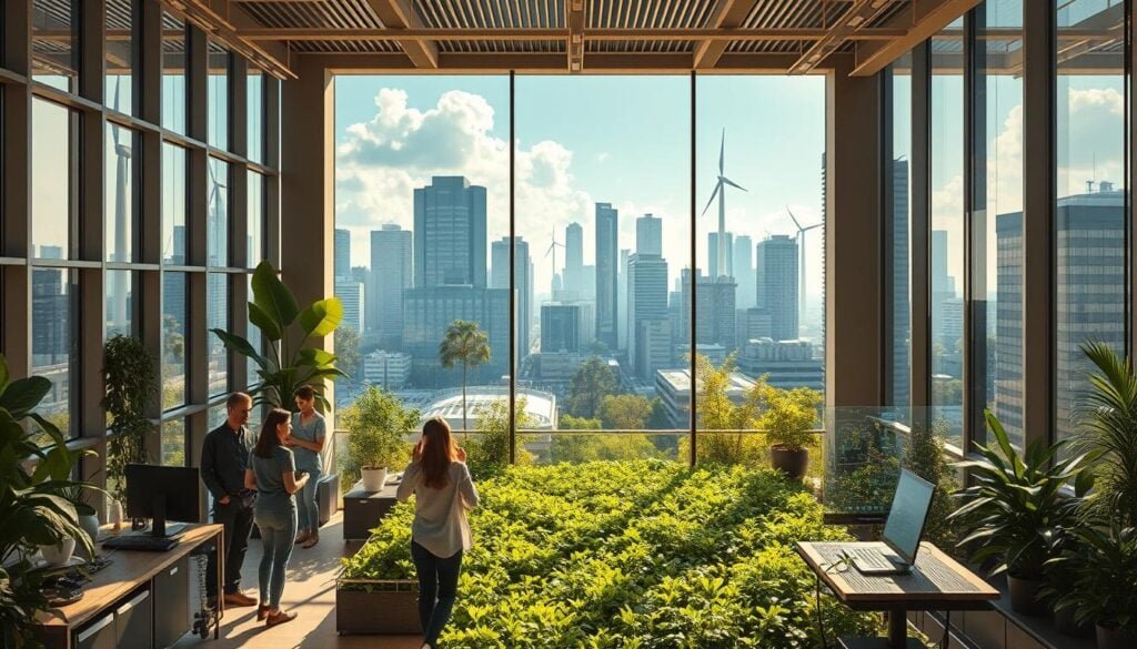 A modern, eco-friendly office space with floor-to-ceiling windows overlooking a lush, thriving garden. Sunlight streams in, casting warm, cinematic lighting across a sleek, ergonomic workspace filled with sustainable, technologically-advanced equipment. In the foreground, a team of entrepreneurs collaborates intently, surrounded by holographic displays and 3D-printed prototypes. The middle ground features an indoor vertical farm, its verdant greenery a testament to advancements in urban agriculture. The background reveals a cityscape of towering skyscrapers adorned with solar panels and wind turbines, a vision of a sustainable, technologically-driven future. This 8K, photorealistic image evokes a sense of progress, innovation, and environmental stewardship.