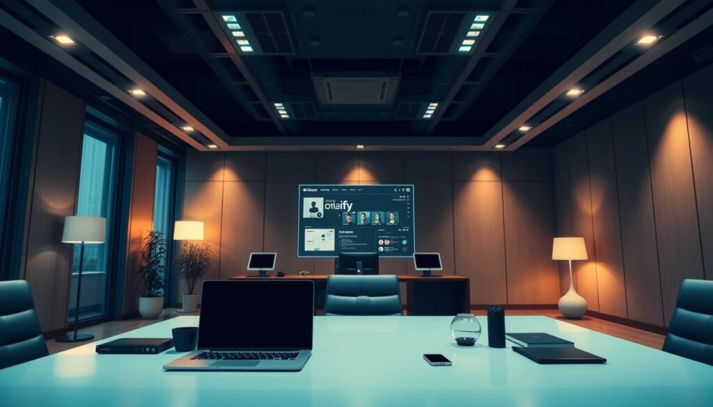 A modern, high-end office interior with sleek, minimalist design. The focal point is a large desk with a laptop, smartphone, and other professional accessories. Soft, warm lighting from floor lamps and recessed ceiling fixtures creates a moody, cinematic ambiance. In the background, a subtle visual representation of the OnlyFans platform interface, hinting at the controversial but effective monetization opportunities it provides for content creators. The overall scene conveys a sense of professionalism, technology, and the business aspects of digital content monetization.