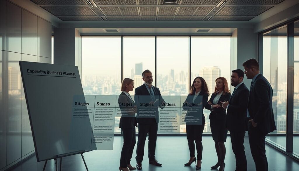 A modern, minimalist office setting with clean lines and a sleek, professional atmosphere. The foreground features a large whiteboard or digital display showcasing a step-by-step visual representation of the business plan process, with key stages and milestones clearly outlined. The middle ground depicts a group of business professionals intently discussing the plan, their expressions conveying focus and determination. The background is softly lit, with large windows overlooking a bustling urban landscape, suggesting a sense of growth and opportunity. The overall mood is one of strategic planning, collaborative decision-making, and a forward-thinking approach to entrepreneurship.