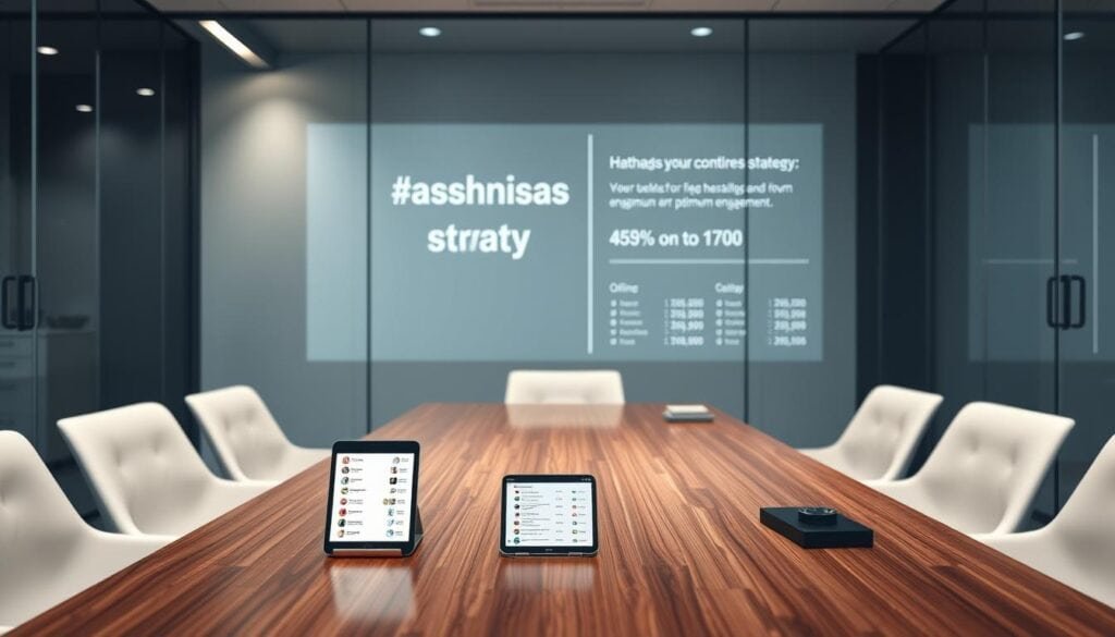 A modern, minimalist office space with a sleek, glass-walled conference room. Soft, directional lighting illuminates a polished wooden table, where a laptop and a few neatly arranged office supplies sit. On the table, a smartphone displays a social media app with a grid of carefully curated hashtags. The hashtag strategy is visually represented through a clean, data-driven infographic projected on the glass walls, showcasing optimal hashtag usage for maximum engagement. The overall atmosphere is one of professionalism, efficiency, and a strategic approach to social media marketing. A modern, minimalist office space with a sleek, glass-walled conference room. Soft, directional lighting illuminates a polished wooden table, where a laptop and a few neatly arranged office supplies sit. On the table, a smartphone displays a social media app with a grid of carefully curated hashtags. The hashtag strategy is visually represented through a clean, data-driven infographic projected on the glass walls, showcasing optimal hashtag usage for maximum engagement. The overall atmosphere is one of professionalism, efficiency, and a strategic approach to social media marketing.