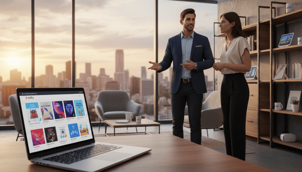 A modern office environment showcasing a professional digital workspace. In the foreground, a sleek laptop displays the Sellfy website with vibrant digital products like e-books, artwork, and courses. A well-dressed business person, wearing smart casual attire, is engaged in a discussion over the laptop, exuding confidence and creativity. The middle ground features stylish furniture and shelves adorned with digital devices and promotional materials, emphasizing the theme of e-commerce. The background displays a glass window with a city skyline bathed in warm, cinematic lighting, creating a welcoming atmosphere. The image captures the essence of digital entrepreneurship, inspiring innovation and success in the e-commerce landscape. Photorealistic 8k resolution, no text or overlays.