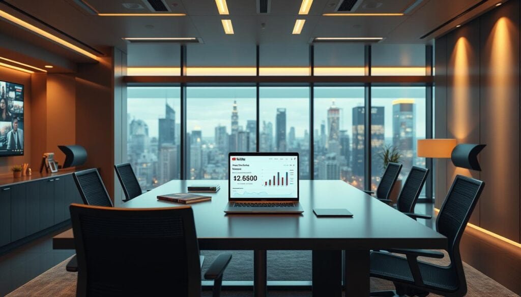 A modern office interior with a large desk and ergonomic chairs, illuminated by cinematic lighting. On the desk, a laptop displays the YouTube Shorts revenue system, showcasing key metrics and analytics. The background features sleek, minimalist decor and large windows overlooking a bustling city skyline. The overall atmosphere conveys a sense of productivity, professionalism, and the excitement of earning through YouTube's innovative video platform. Photorealistic, 8K resolution. A modern office interior with a large desk and ergonomic chairs, illuminated by cinematic lighting. On the desk, a laptop displays the YouTube Shorts revenue system, showcasing key metrics and analytics. The background features sleek, minimalist decor and large windows overlooking a bustling city skyline. The overall atmosphere conveys a sense of productivity, professionalism, and the excitement of earning through YouTube's innovative video platform. Photorealistic, 8K resolution.